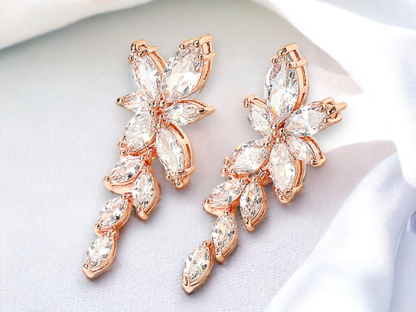 Rose Gold Leaf Bridal Earrings, Drop Earrings for Bride, Cubic Zircon Silver Wedding Earrings, Jewelry for Bride, Bridesmaid Earrings Set