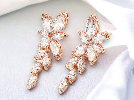 Rose Gold Leaf Bridal Earrings, Drop Earrings for Bride, Cubic Zircon Silver Wedding Earrings, Jewelry for Bride, Bridesmaid Earrings Set