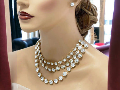 Unique Bridal Jewelry Set, Round Stone Triple Layered Bib Necklace Earrings, Jewelry for Bride, Wedding Jewelry, Layered Jewelry Necklace