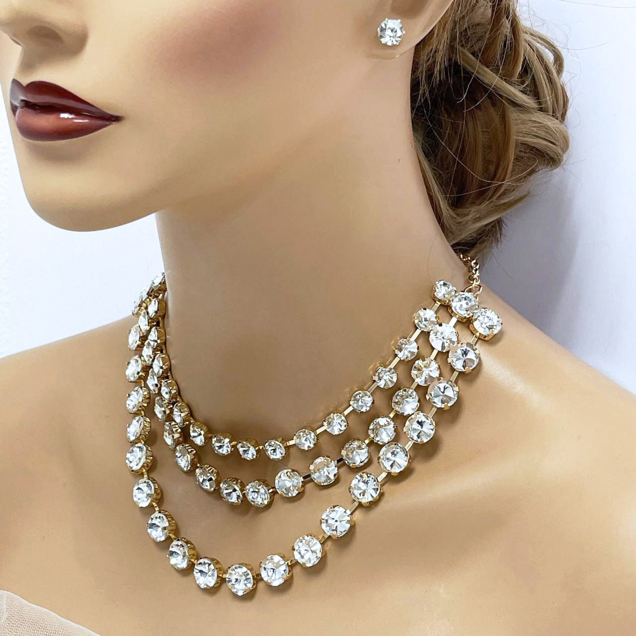 Unique Bridal Jewelry Set, Round Stone Triple Layered Bib Necklace Earrings, Jewelry for Bride, Wedding Jewelry, Layered Jewelry Necklace