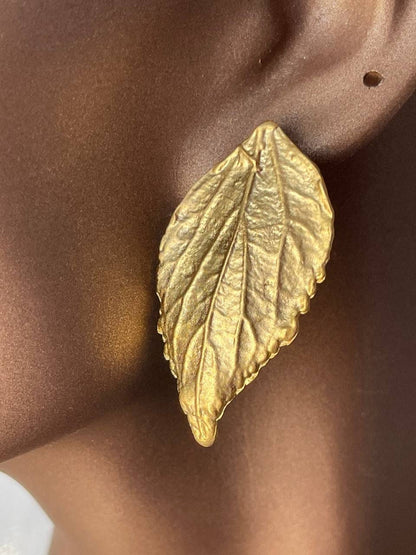 Handmade Gold Plated Leaf Necklace Earrings Set, Gold Statement, Modern Chunky Bohemian Jewelry Set, Personalized Birthday Gift for Her