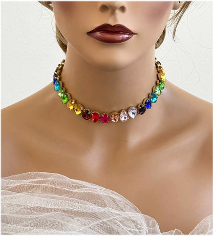 Wedding Necklace Jewelry, Colorful Crystal Choker Collar, Rainbow Crystal Collar Jewelry, Trendy Minimal  Necklace, Christmas Gift For Her