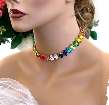 Wedding Necklace Jewelry, Colorful Crystal Choker Collar, Rainbow Crystal Collar Jewelry, Trendy Minimal  Necklace, Christmas Gift For Her