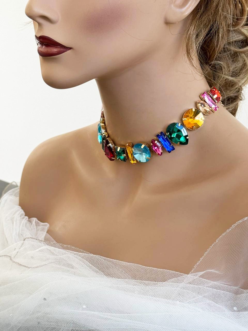 Colorful Crystal Choker Collar, Fashion Geometric Chunky Crystal Necklace, Wedding Jewelry, Trendy Minimal  Necklace, Christmas Gift For Her