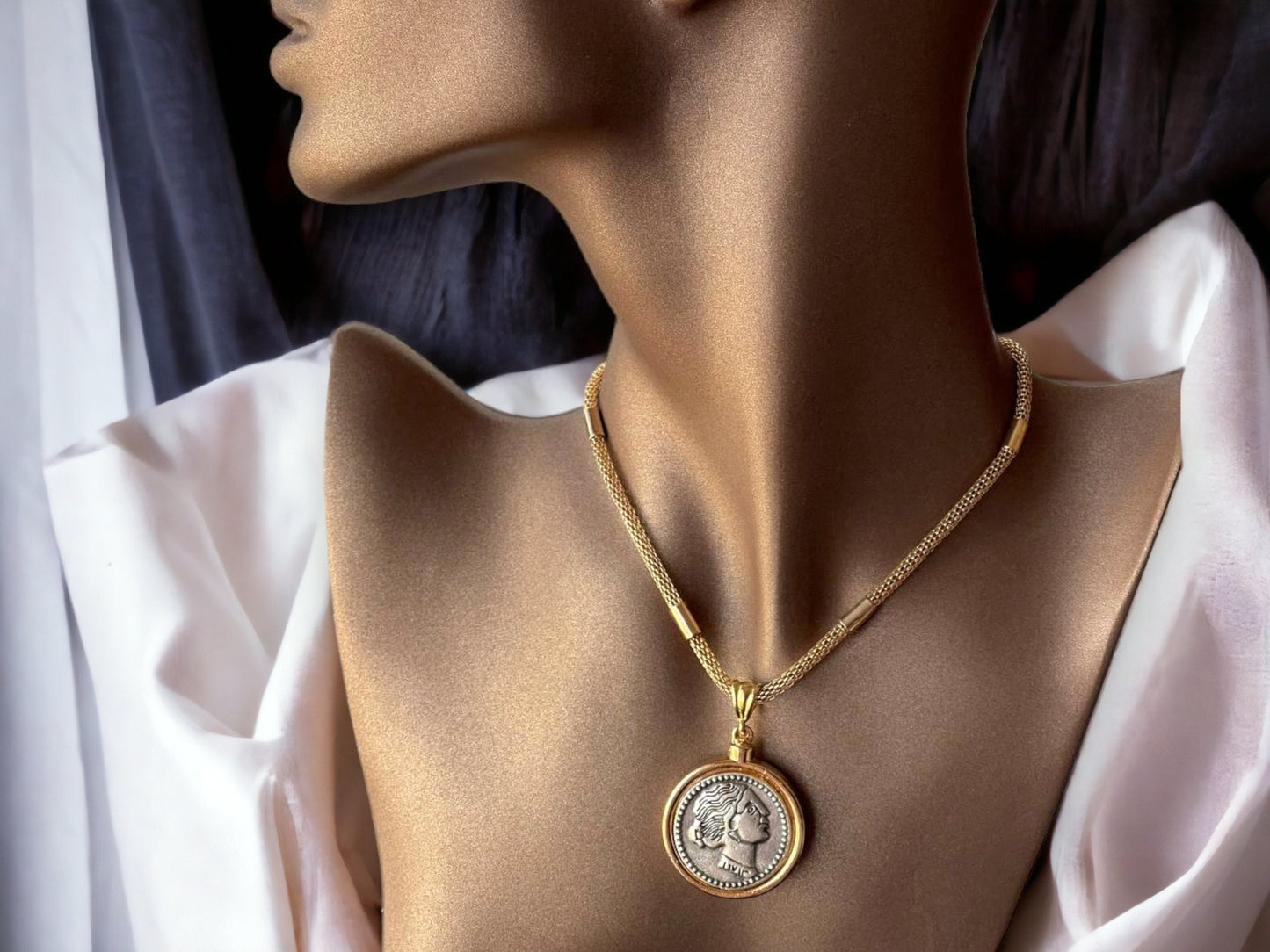 Two Faced Gold Plated Byzantine Coin Medallion Chain Necklace Jewelry