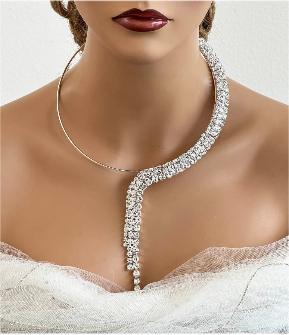 Bridal Crystal Choker Collar, Fashion Rhinestone Tassel Necklace, Wedding Jewelry, Rhinestone Choker, Trendy Minimal Necklace, Gift For Her