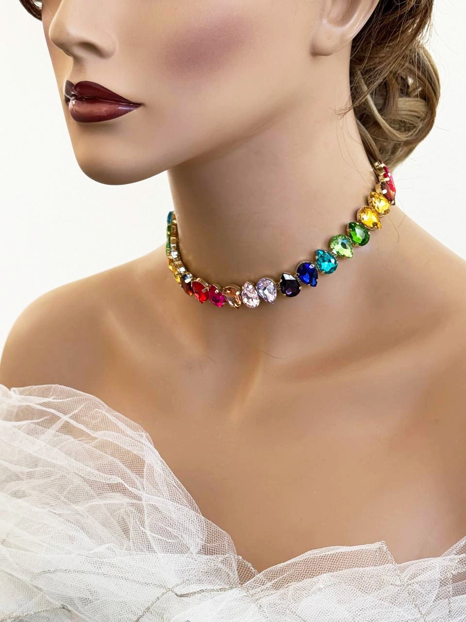 Wedding Necklace Jewelry, Colorful Crystal Choker Collar, Rainbow Crystal Collar Jewelry, Trendy Minimal  Necklace, Christmas Gift For Her