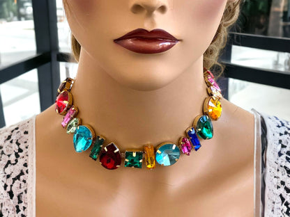 Colorful Crystal Choker Collar, Fashion Geometric Chunky Crystal Necklace, Wedding Jewelry, Trendy Minimal  Necklace, Christmas Gift For Her