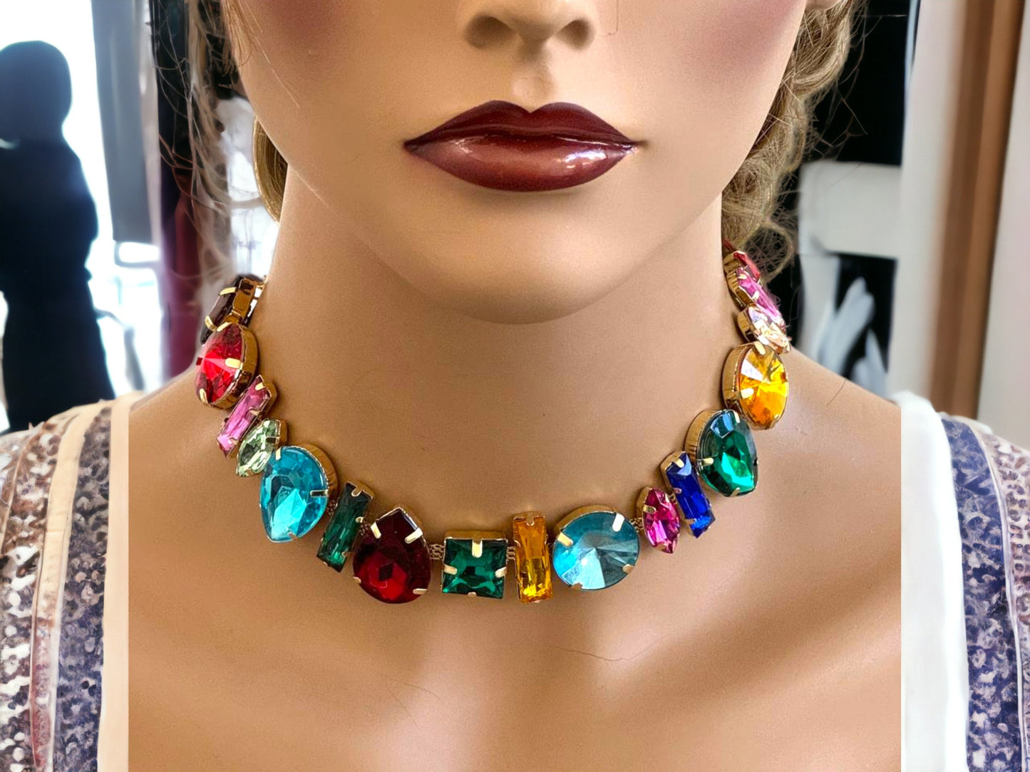 Colorful Crystal Choker Collar, Fashion Geometric Chunky Crystal Necklace, Wedding Jewelry, Trendy Minimal  Necklace, Christmas Gift For Her