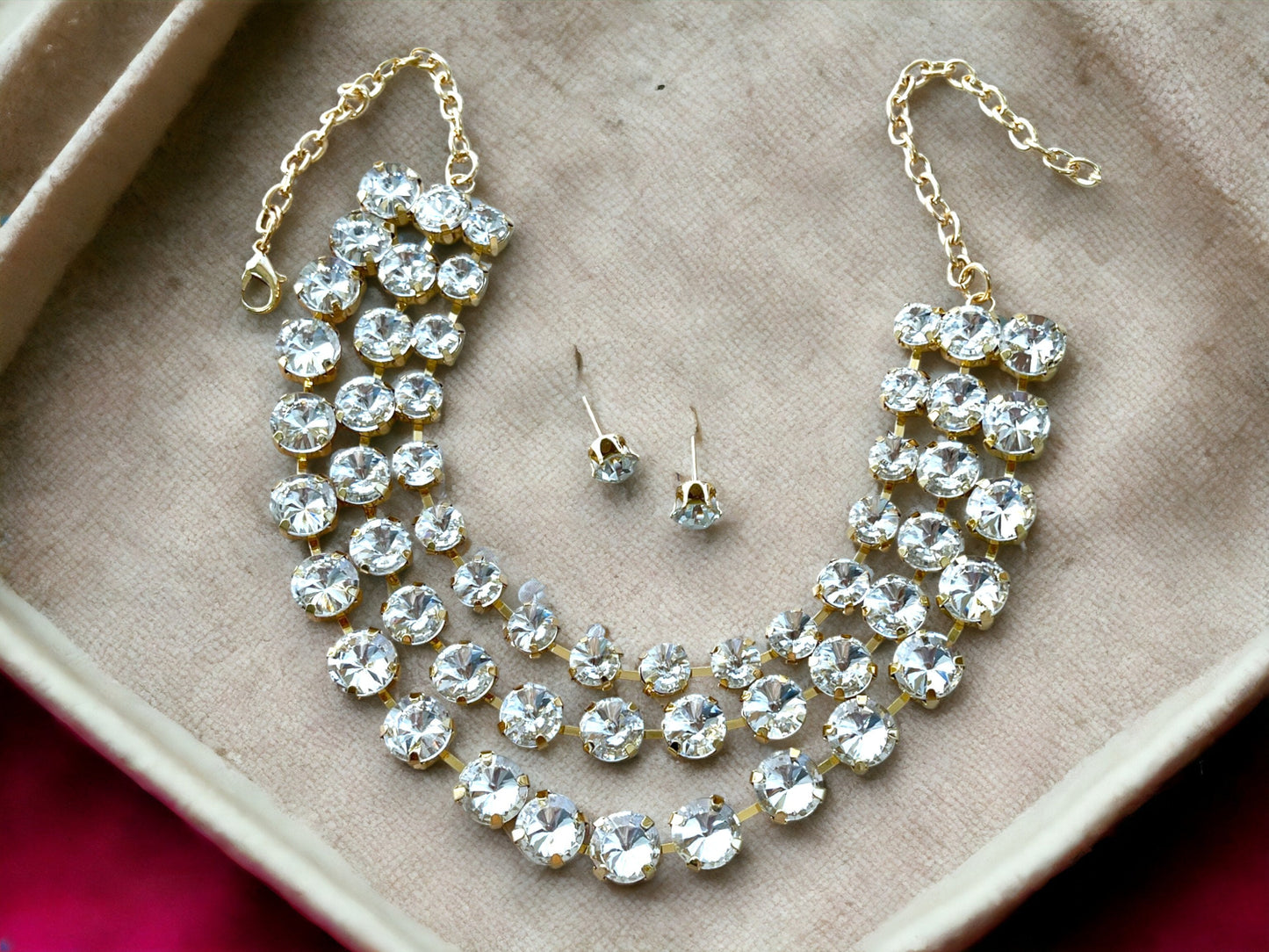 Unique Bridal Jewelry Set, Round Stone Triple Layered Bib Necklace Earrings, Jewelry for Bride, Wedding Jewelry, Layered Jewelry Necklace