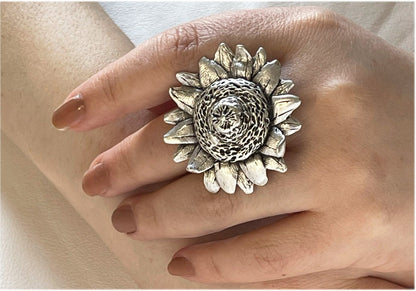 Silver Plated Adjustable Chunky Rings, Sunflower Unique Handmade Boho Big Rings, Unique Statement Jewelry, Trendy Gift for her