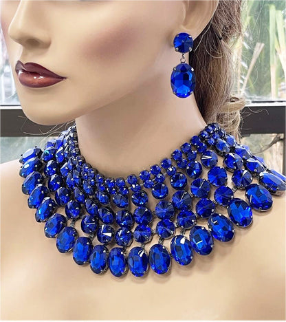 Bridal Jewelry Set, AB Sapphire Blue Bib Necklace Earrings, Royal Blue Wedding Jewelry, Ballroom Jewelry Set, Special Occasion Jewelry Set