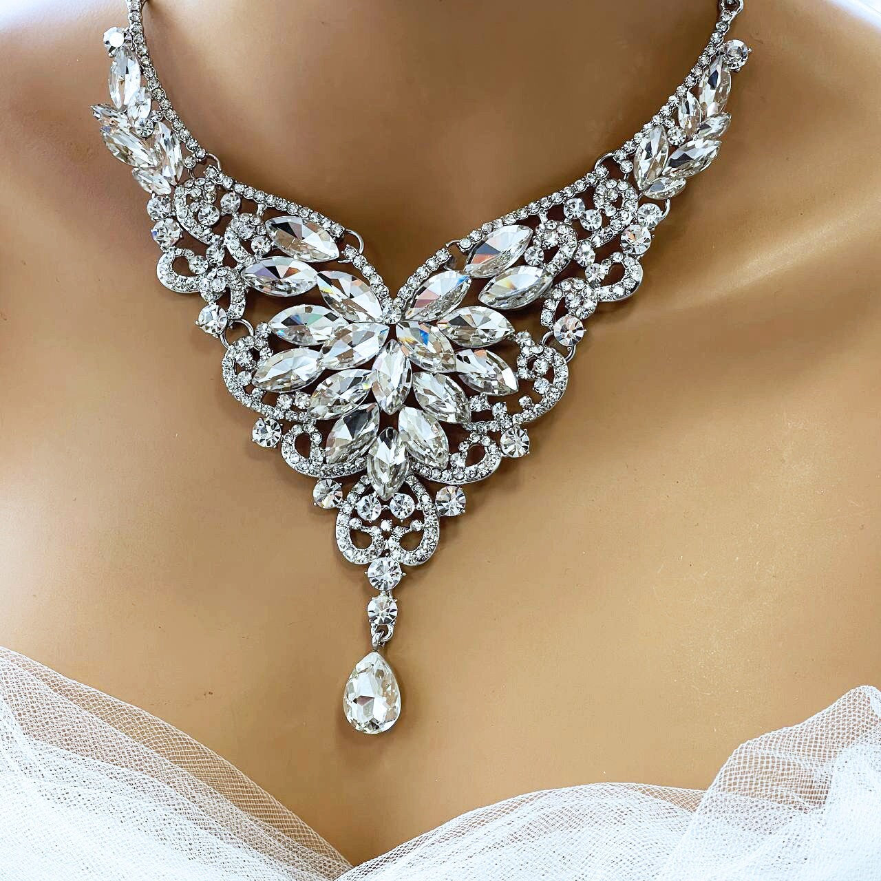 Unique Bridal Jewelry Set, Wedding Jewelry, V Shape Marquise Cluster Necklace earrings for Bride, Great Gift for Bride, Victorian Jewelry