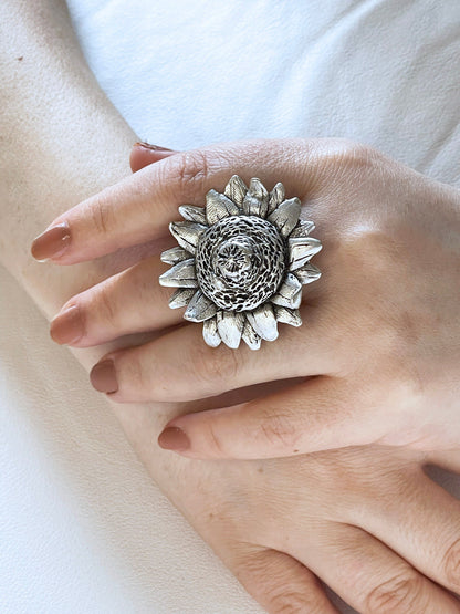 Silver Plated Adjustable Chunky Rings, Sunflower Unique Handmade Boho Big Rings, Unique Statement Jewelry, Trendy Gift for her