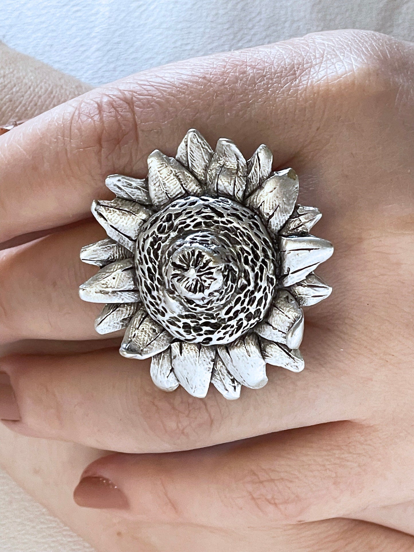 Silver Plated Adjustable Chunky Rings, Sunflower Unique Handmade Boho Big Rings, Unique Statement Jewelry, Trendy Gift for her