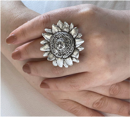 Silver Plated Adjustable Chunky Rings, Sunflower Unique Handmade Boho Big Rings, Unique Statement Jewelry, Trendy Gift for her