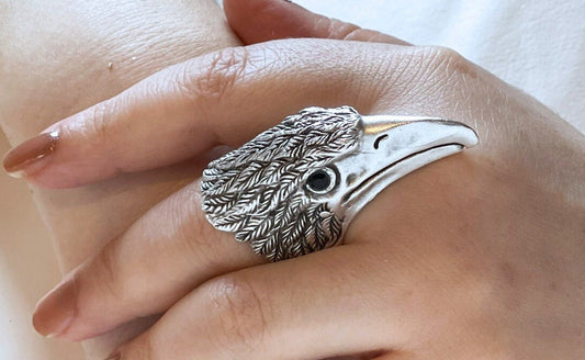 Boho Silver Plated Eagle Head Ring - Oversized Statement Piece, Adjustable Chunky Design for Fashion Lovers, Adjustable Unisex Gift