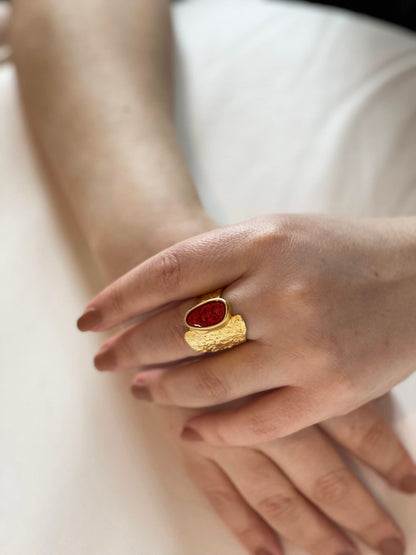 Handmade Gold Plated Boho Big Ring - Adjustable Statement Jewelry