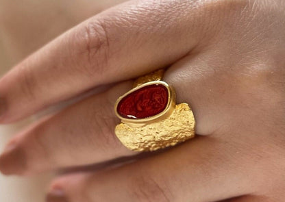 Handmade Gold Plated Boho Big Ring - Adjustable Statement Jewelry