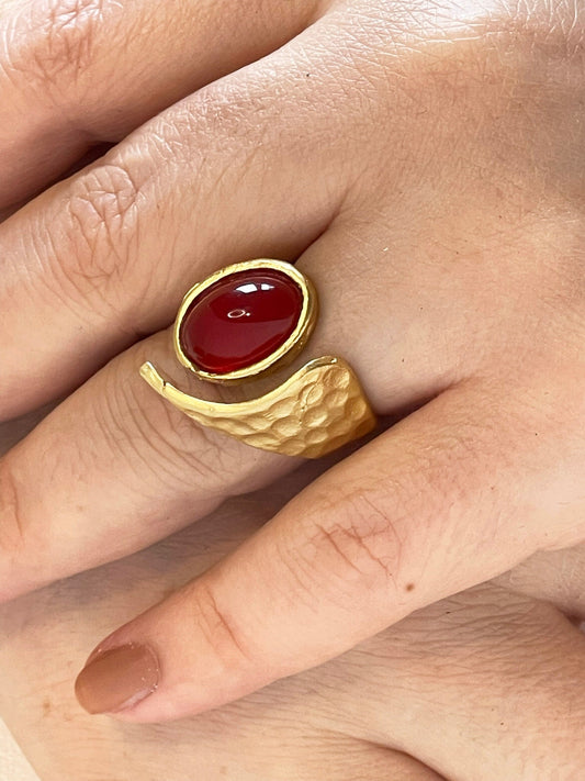 Handmade Roman Gold Plated Bohemian Style Red Gemstone Adjustable Ring