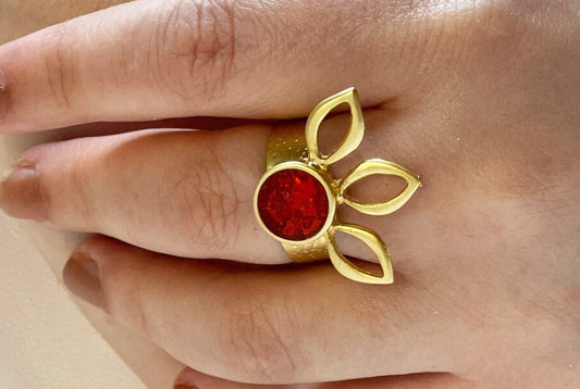 Handmade Gold Plated Sunflower Minimalist Ring, Boho Style Ring, Red Green Glass Ring Statement Jewelry, Adjustable Open Ring, Trendy Gift