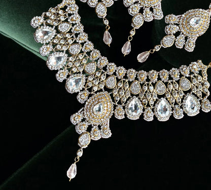 Royal Indian Crystal Wedding Necklace Earrings Tikka Set