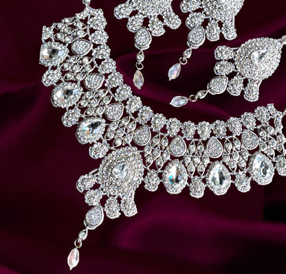 Royal Indian Crystal Wedding Necklace Earrings Tikka Set