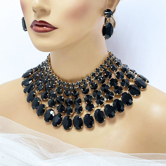 Wedding Jewelry, Black Gold Crystal Chunky Necklace Earrings Jewelry Set, Ballroom Jewelry, Wedding Statement Jewelry, Evening Jewelry Set