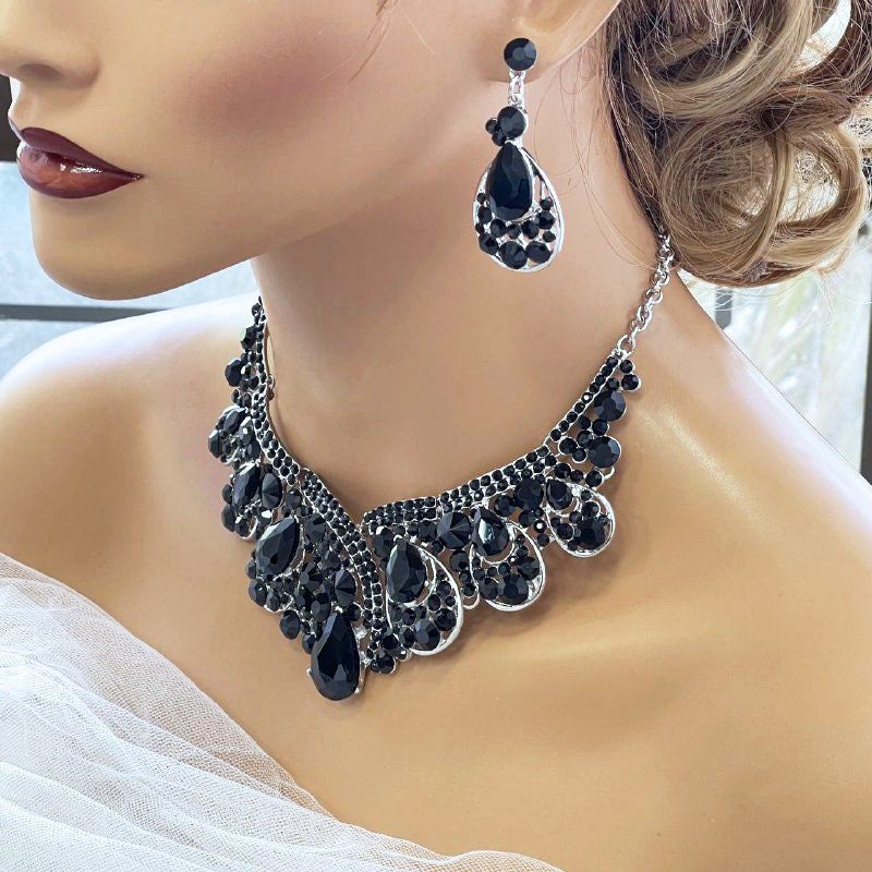 Black Bridal Jewelry Set, Chunky Teardrop Crystal Necklace Earrings for Wedding Glamour, Evening Necklace Statement Jewelry, Gift for Her