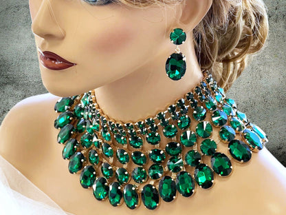 Emerald Green Chunky Wedding Necklace Earrings Jewelry Set, Ballroom Jewelry, Drag Queen Bib Necklace Statement,