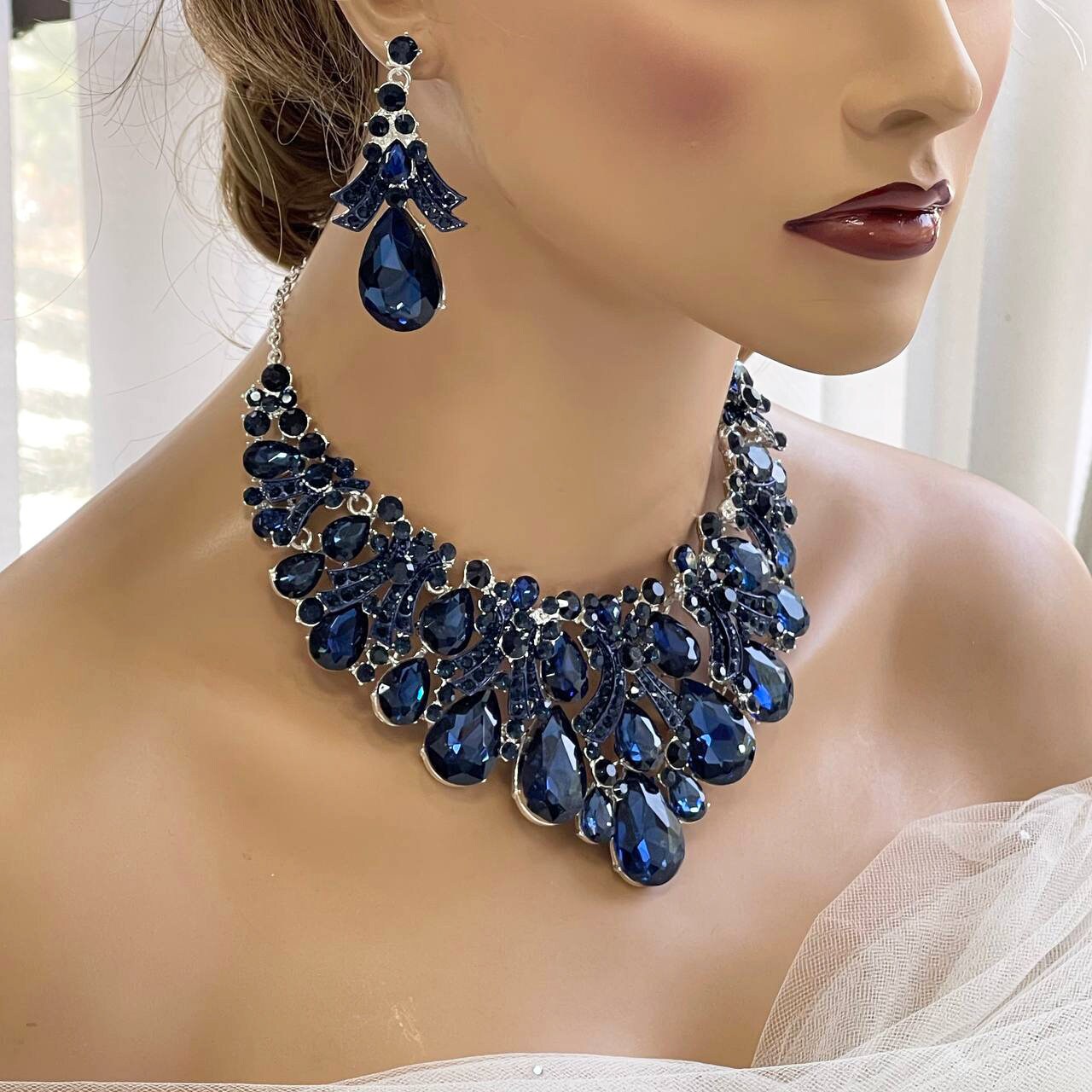 Blue Crystal Teardrop Stone Collar Necklace & Earring, Evening Jewelry Set - Glam Duchess