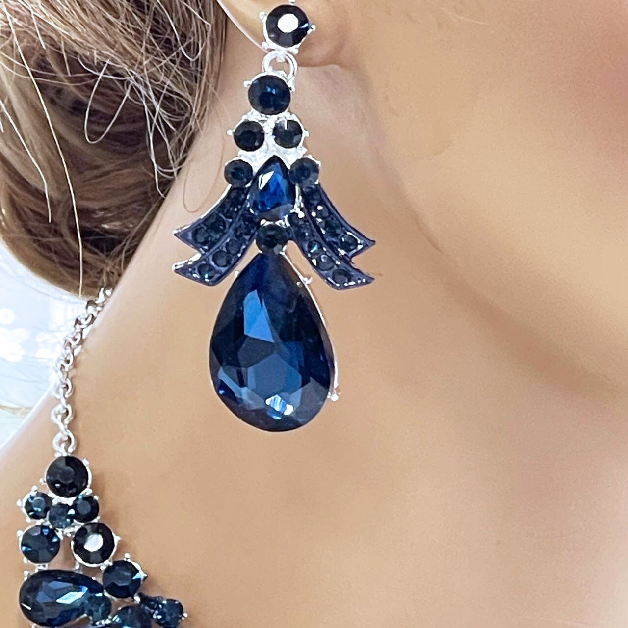Blue Crystal Teardrop Stone Collar Necklace & Earring, Evening Jewelry Set - Glam Duchess