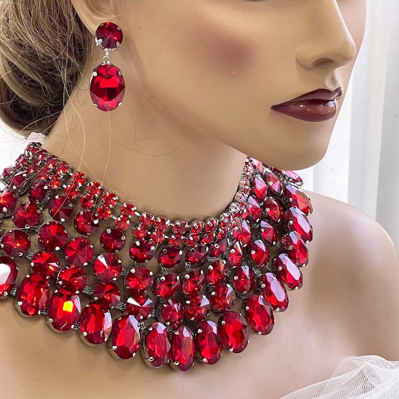 Red Chunky Crystal Bib Necklace Wedding Jewelry Set, Bridal Special Occasion Necklace Statement Earrings, Ballroom Jewelry, Gift for Her