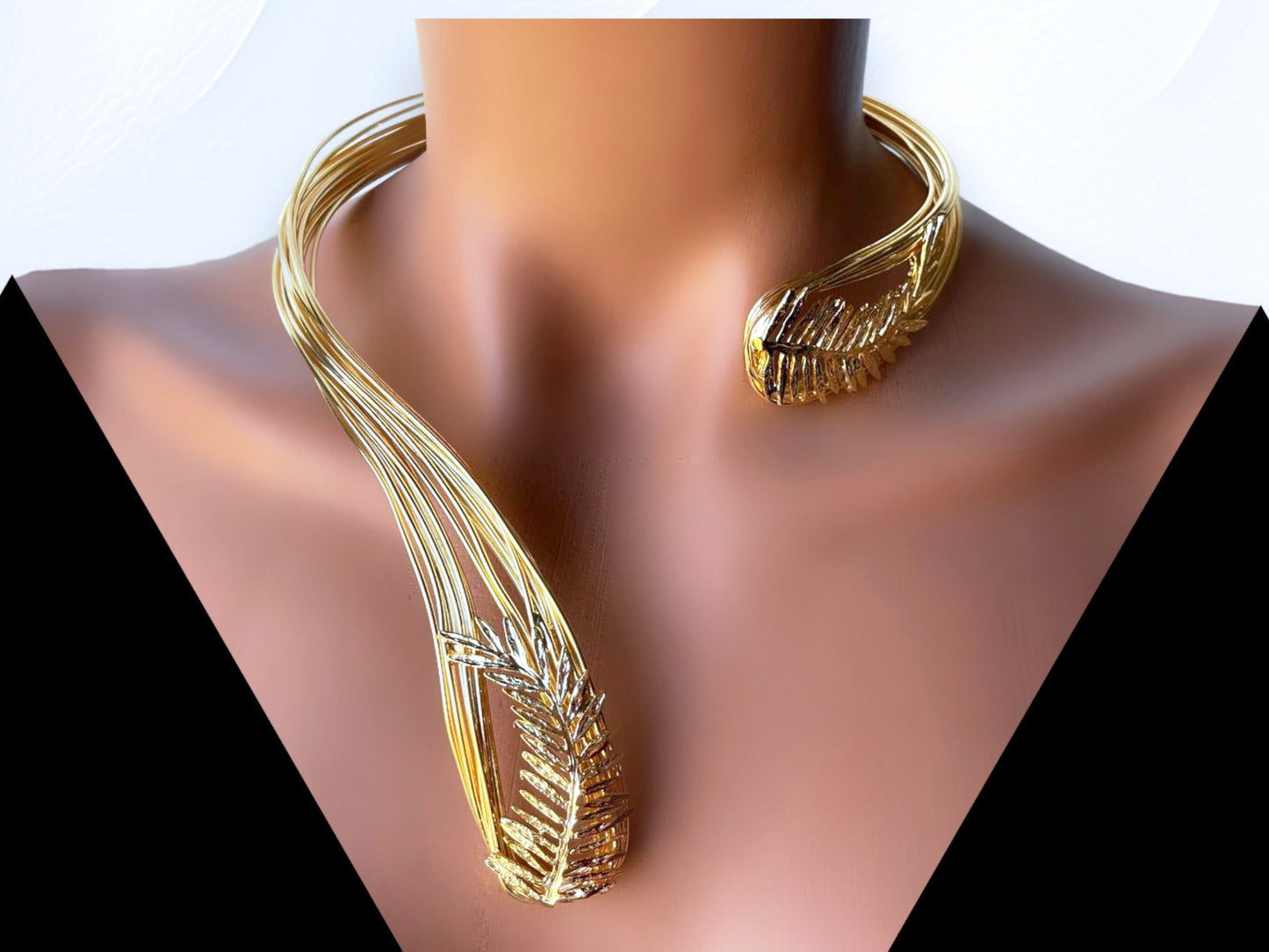 Gold Chunky Necklace Bracelet, Gold Plated Open Choker Collar Necklace