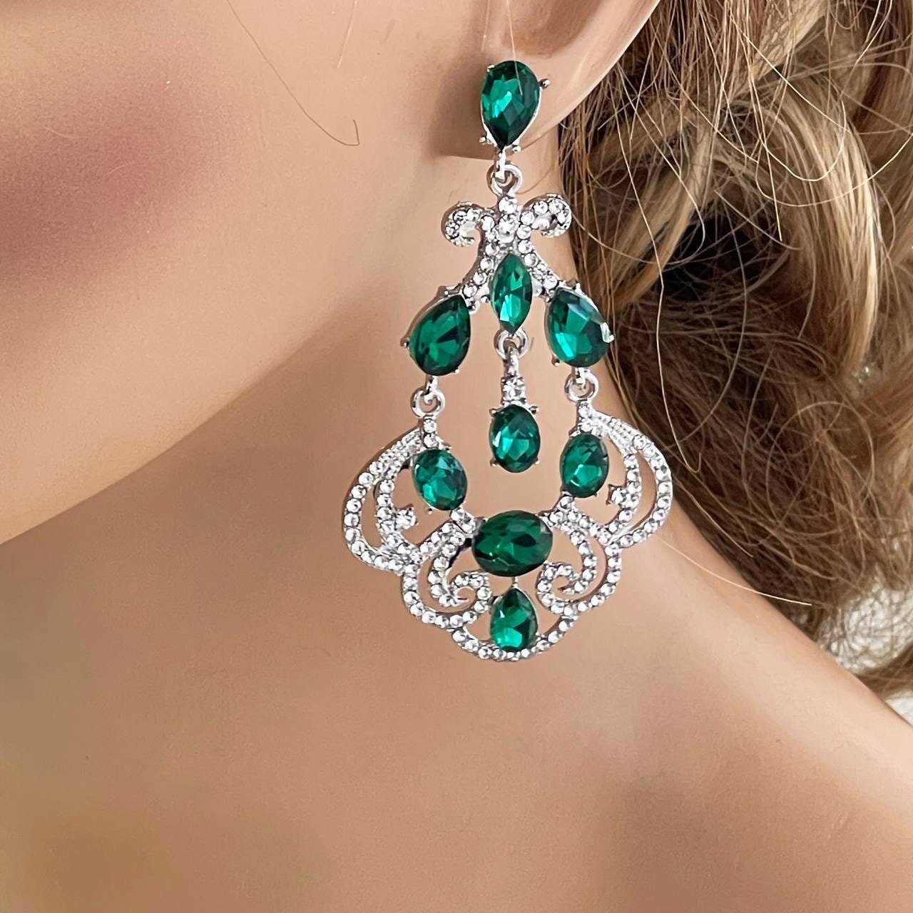 Emerald Green Chandelier Earrings, Sapphire Blue Teardrop Dangle Wedding Earrings Jewelry, Champagne Evening Earrings, Prom Earrings