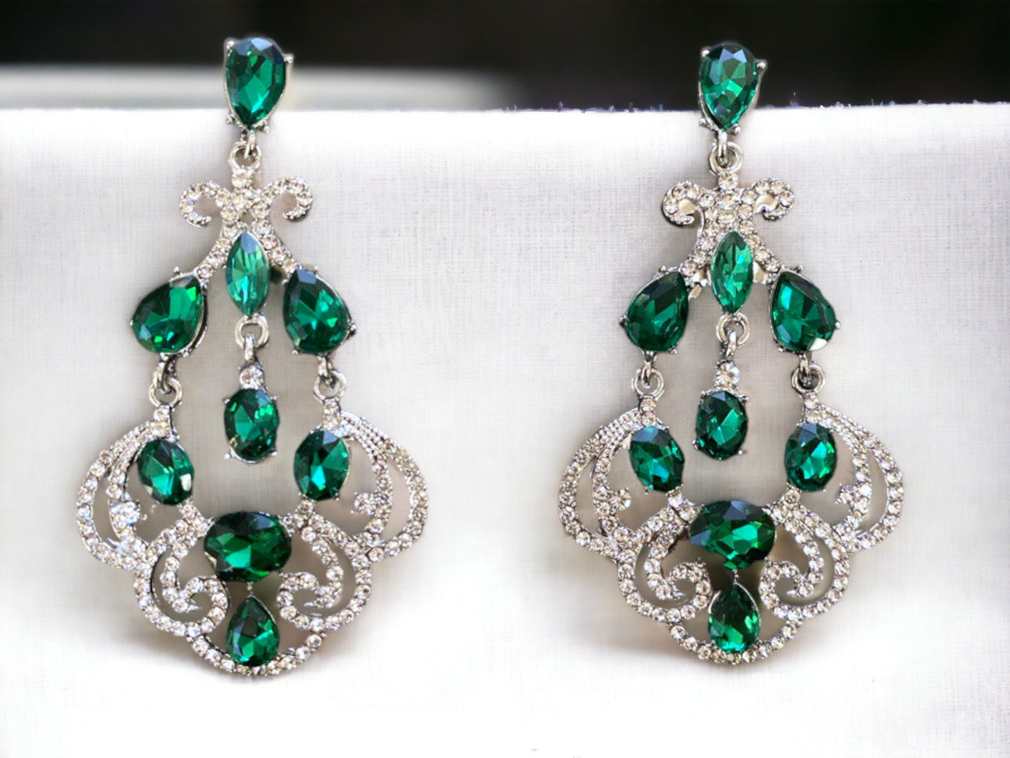 Emerald Green Chandelier Earrings, Sapphire Blue Teardrop Dangle Wedding Earrings Jewelry, Champagne Evening Earrings, Prom Earrings