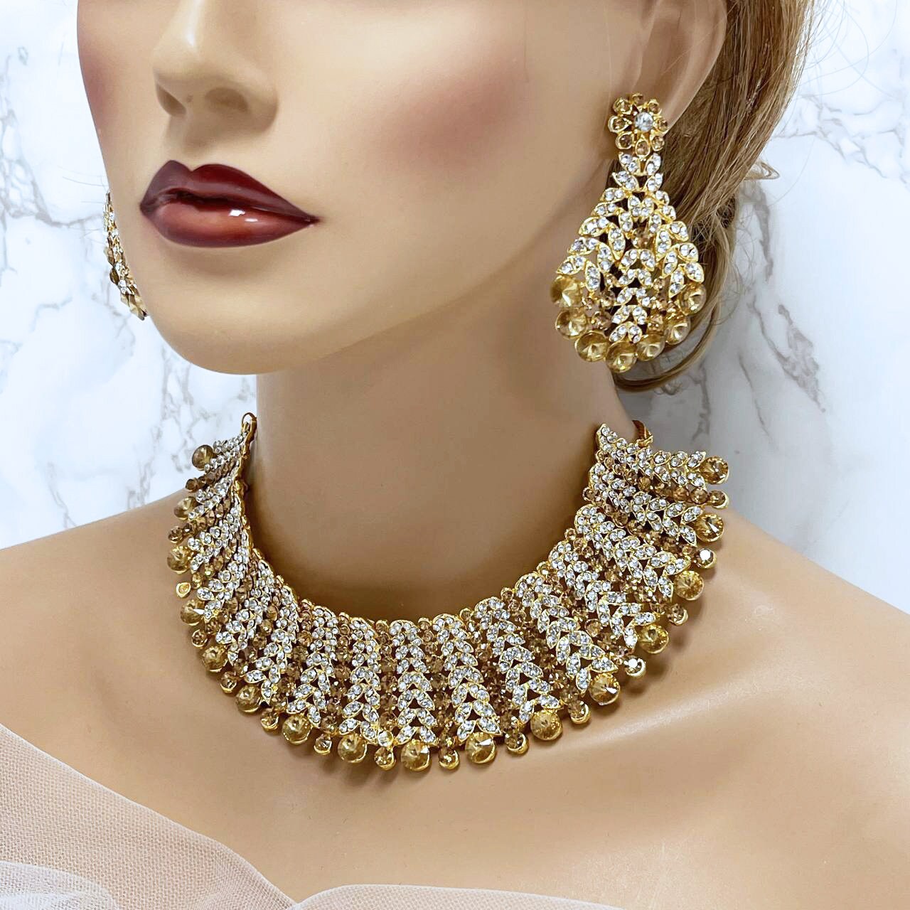 Champagne Bridal Choker Necklace Earring Set, Indian Wedding Jewelry Set, Bridal Jewelry Set, Unique Kundan Jewelry for Bollywood Bride Gift