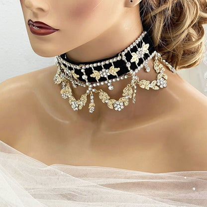 Victorian Crystal choker necklace Statement, Bridal Collar Choker, Elegant Black Velvet Collar for Weddings & Special Events, Gift for Her