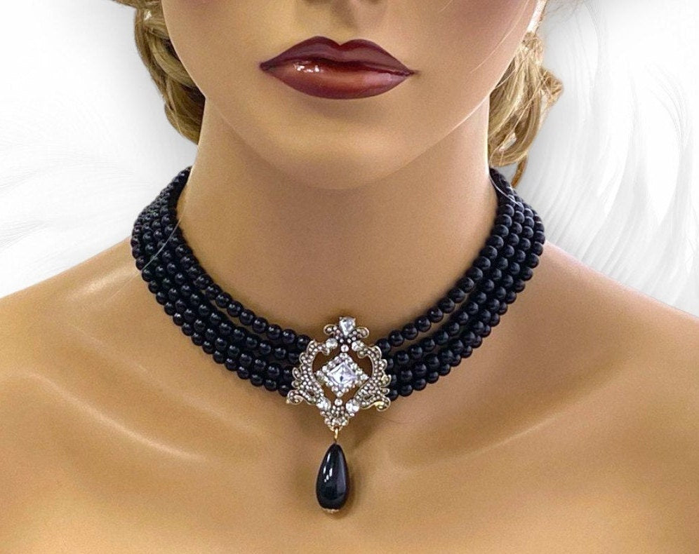 Black Pearl Choker Collar Necklace Jewelry, White Pearl Victorian Choker Necklace, Wedding Jewelry, Special Occasion Necklace, Gift For Her