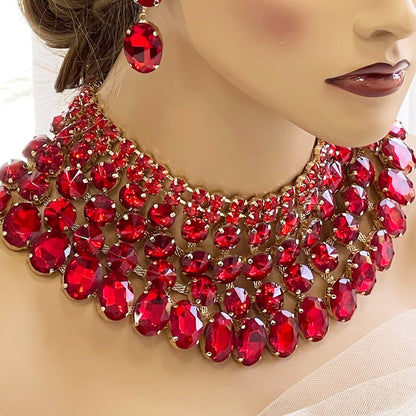 Red Chunky Crystal Bib Necklace Wedding Jewelry Set, Bridal Special Occasion Necklace Statement Earrings, Ballroom Jewelry, Gift for Her