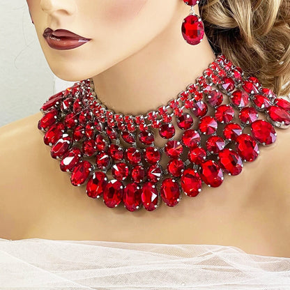 Red Chunky Crystal Bib Necklace Wedding Jewelry Set, Bridal Special Occasion Necklace Statement Earrings, Ballroom Jewelry, Gift for Her