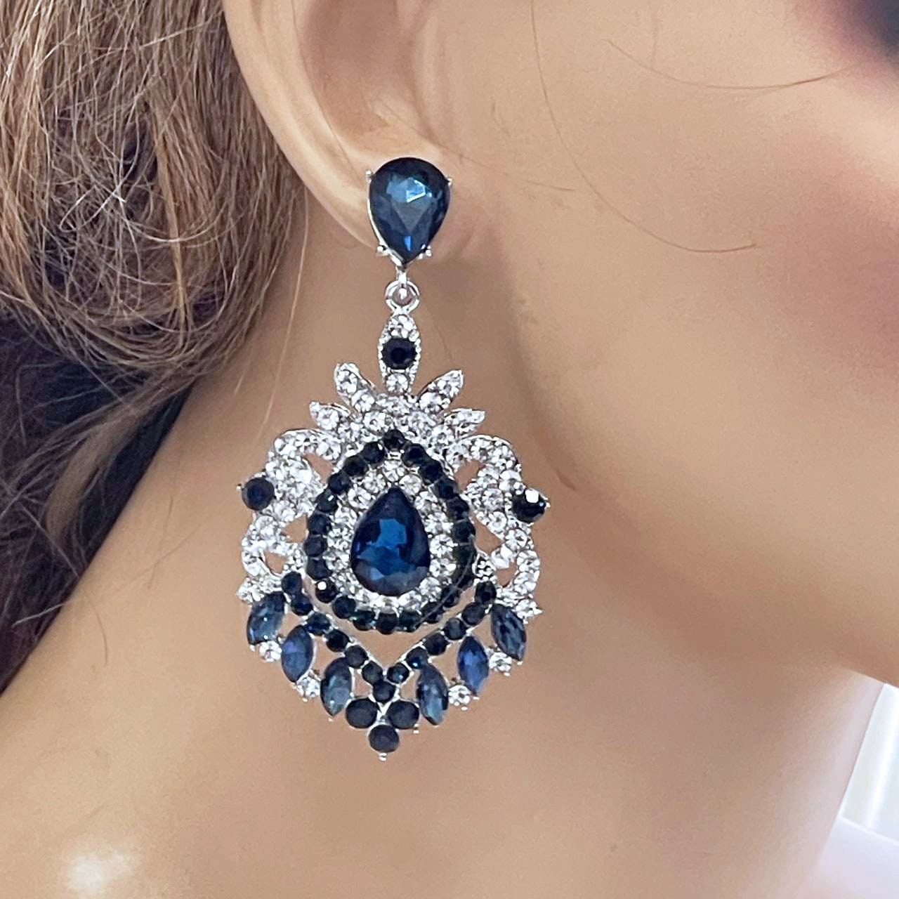 Sapphire Blue Teardrop Dangle Wedding Earrings Jewelry, Bridal Chandelier Earrings, Silver Drop Earrings, Evening Earrings, Prom Earrings