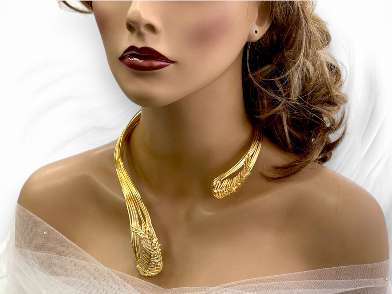 Gold Chunky Necklace Bracelet, Gold Plated Open Choker Collar Necklace