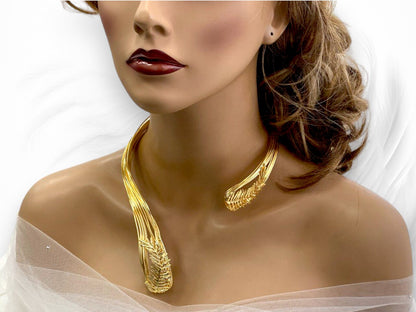 Gold Chunky Necklace Bracelet, Gold Plated Open Choker Collar Necklace