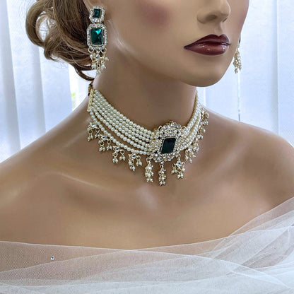 Bridal Jewelry Set, Victorian Pearl Choker Green Stone Necklace Earrings, Indian wedding Jewelry Set, Special Event Drop Earrings Necklace