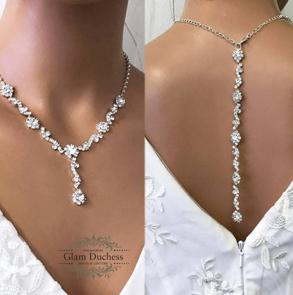 Bridal Backdrop V Shape Necklace Earring Set, Bridal Jewelry Set, Bridesmaid Jewelry, Silver Plated Leaf Flower Crystal Prom Necklace Set