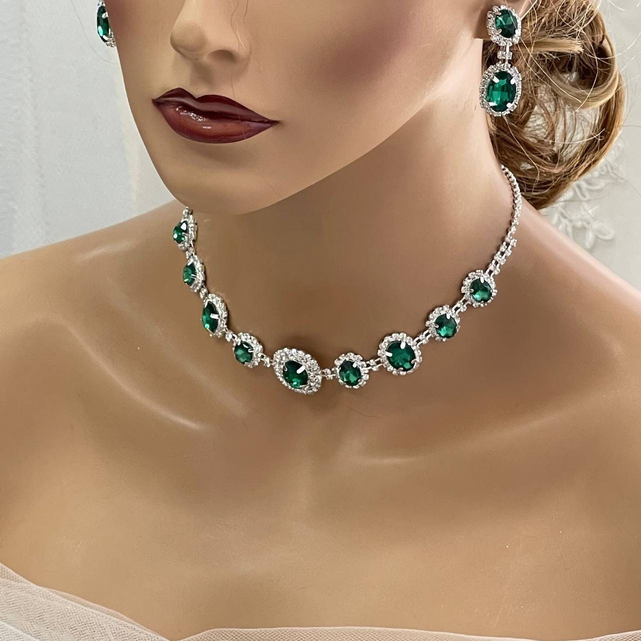 Bridal Jewelry Set, Emerald Green Necklace Earrings, Prom Jewelry Set, Wedding Jewelry, Bridesmaid Necklace Earrings,  Birthday Gift