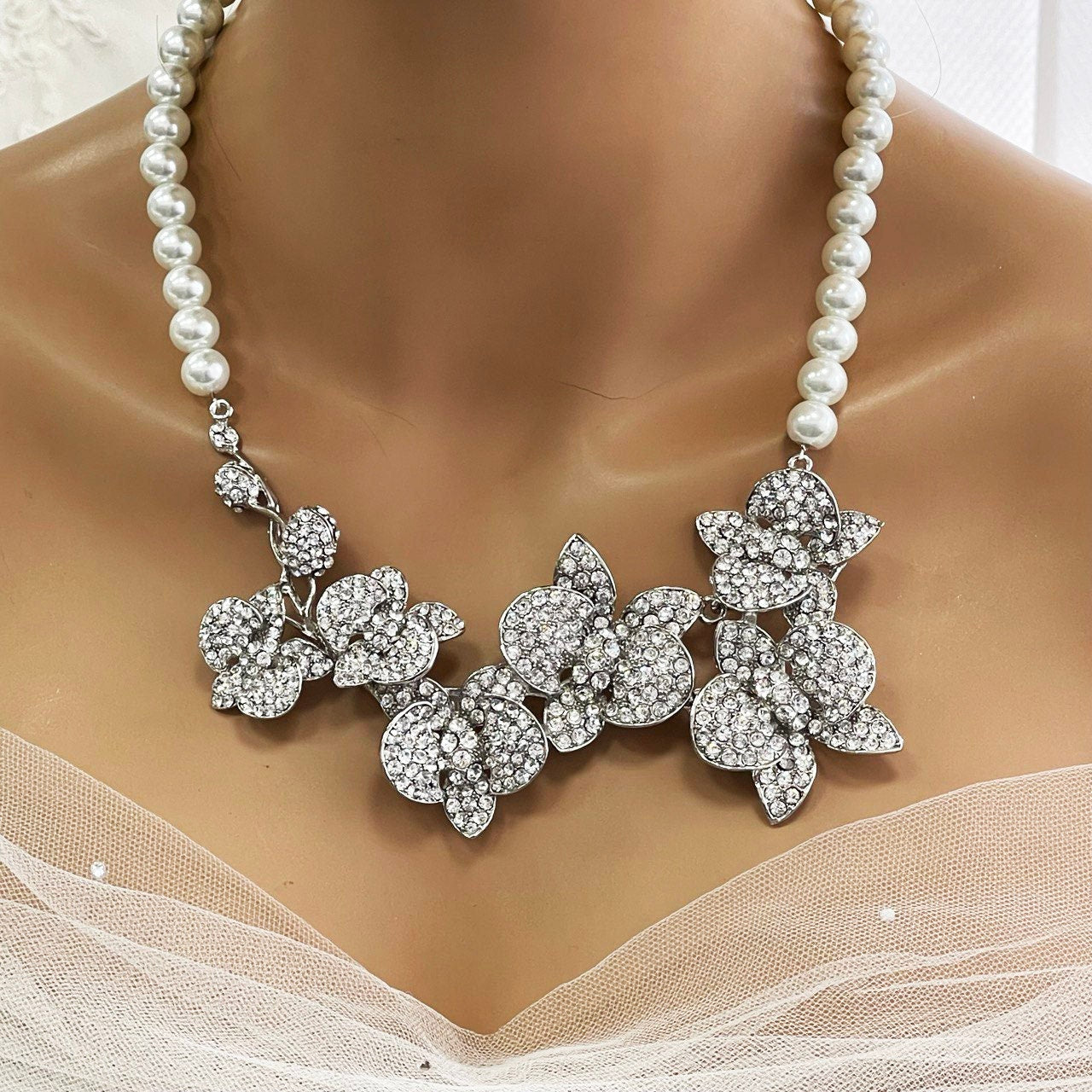 Bridal Statement Earrings Necklace Set, Crystal Pearl Orchid Flowers, Unique Wedding Jewelry, Perfect Gift for Brides