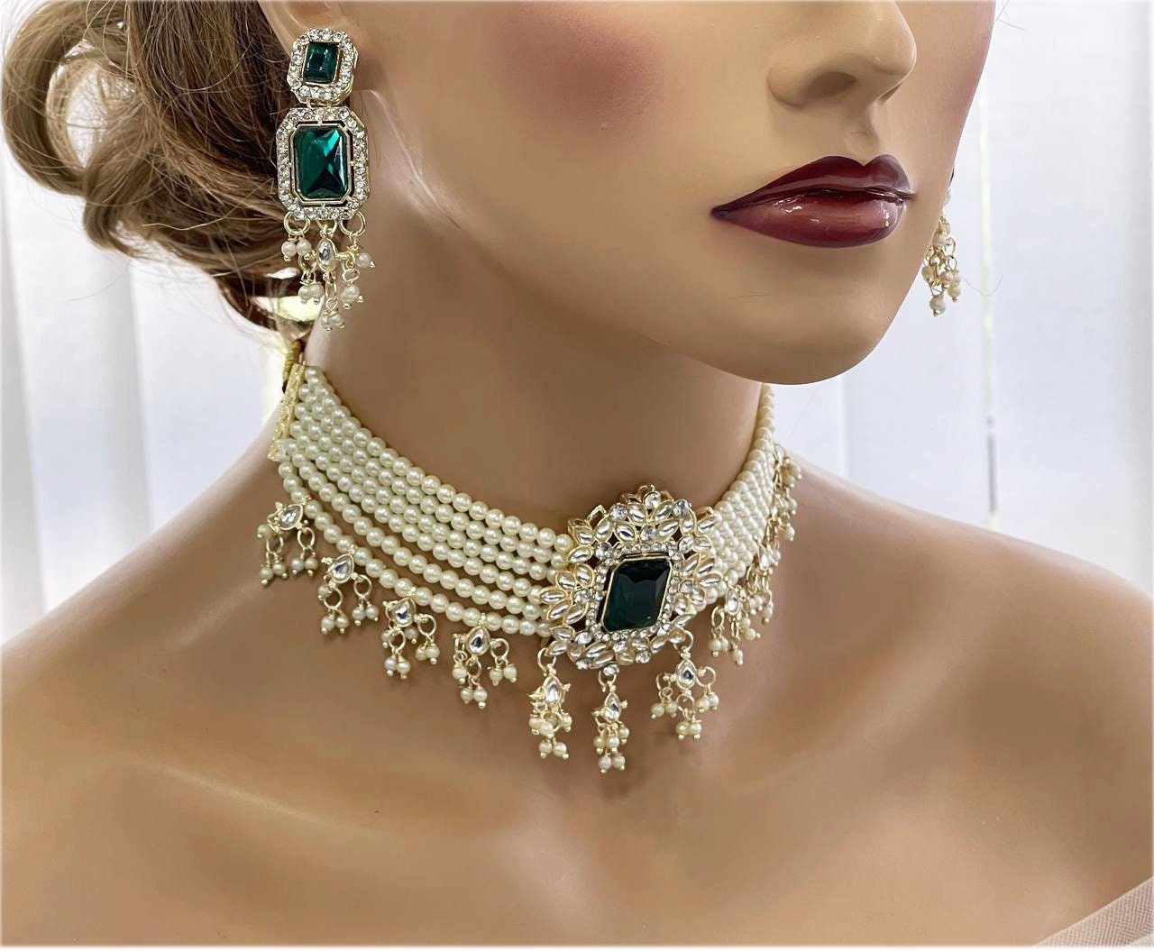 Bridal Jewelry Set, Victorian Pearl Choker Green Stone Necklace Earrings, Indian wedding Jewelry Set, Special Event Drop Earrings Necklace