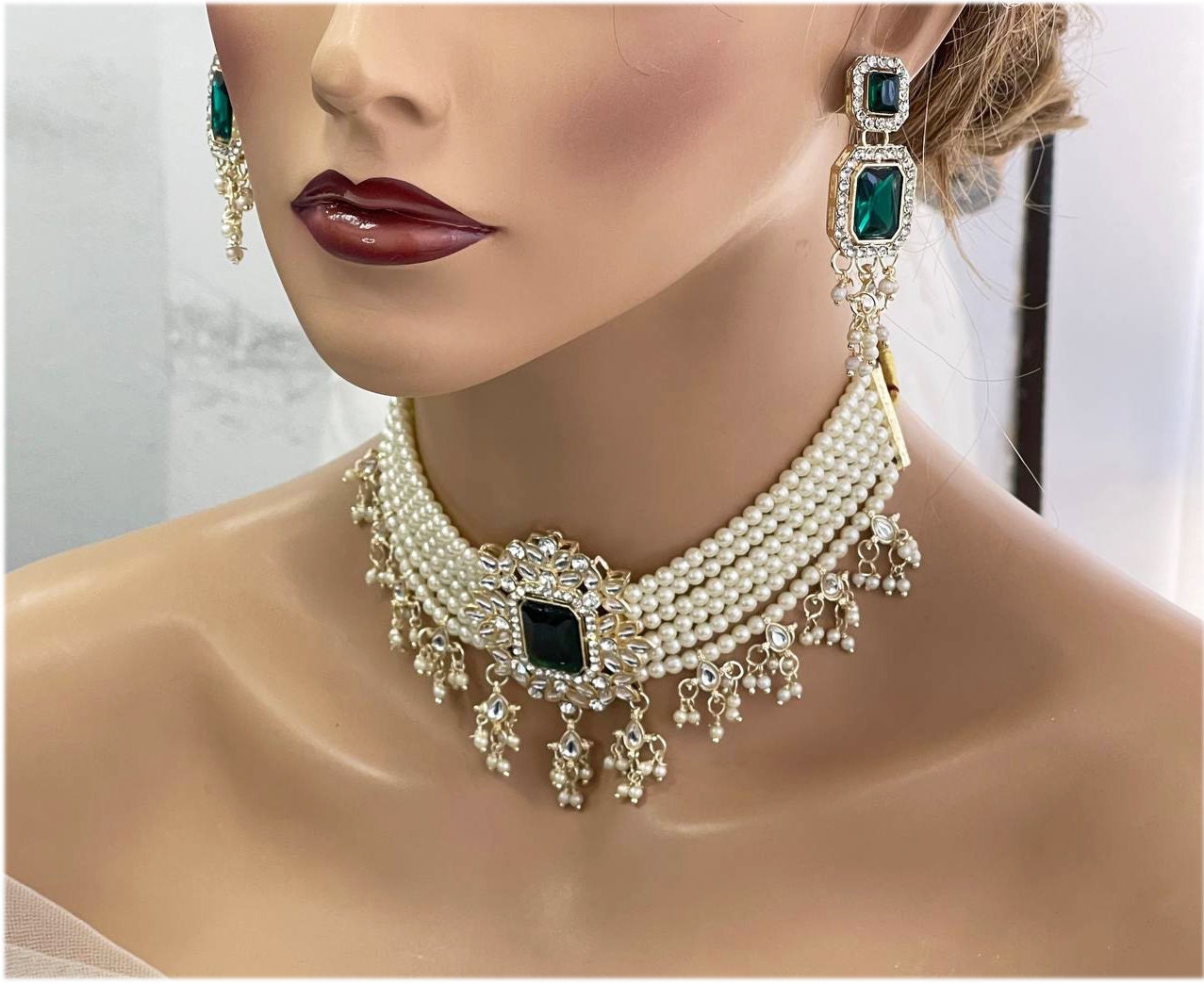 Bridal Jewelry Set, Victorian Pearl Choker Green Stone Necklace Earrings, Indian wedding Jewelry Set, Special Event Drop Earrings Necklace